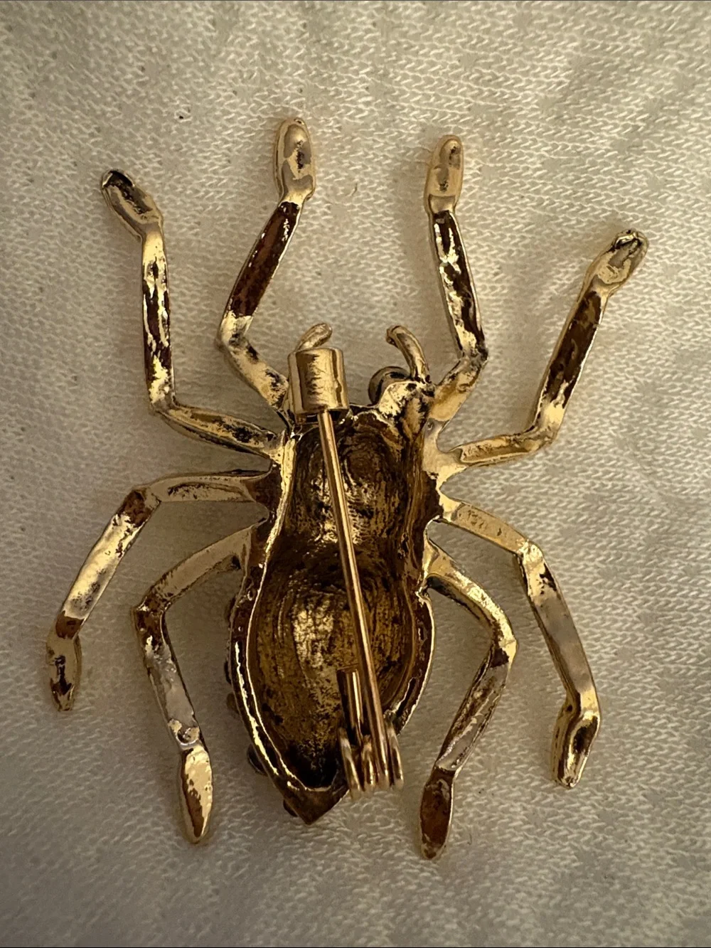 Gold Spider Brooch with Black, Clear & Red Rhinestones